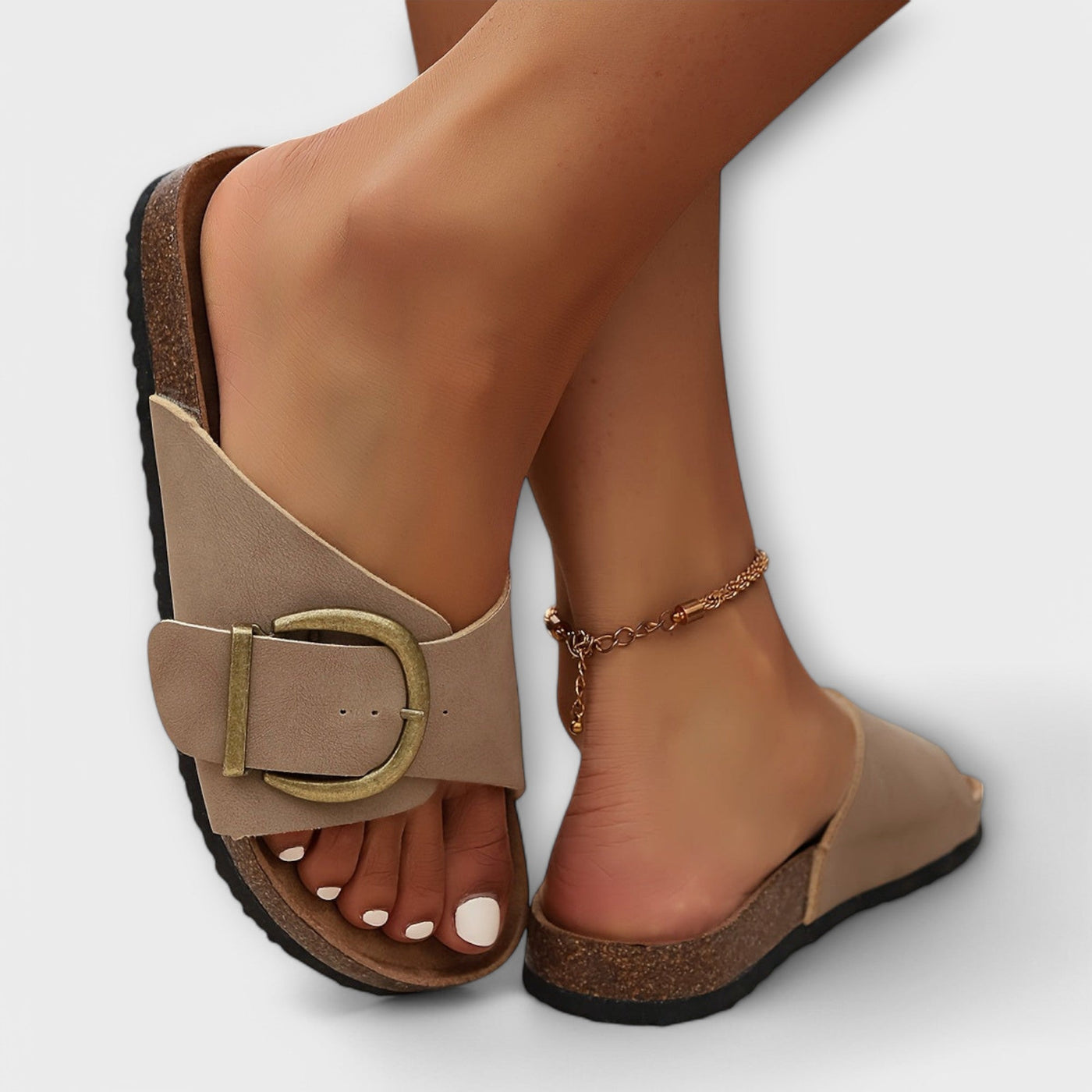 Viki - Women's cork mules with buckle strap design