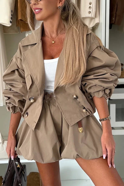 Fashion Button Lantern Sleeve Pocket Lapel Casual Jacket + Pants Set