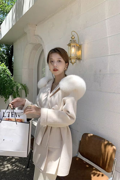 DAYMIS Cashmere Wool Jacket With Fur Trim Hood