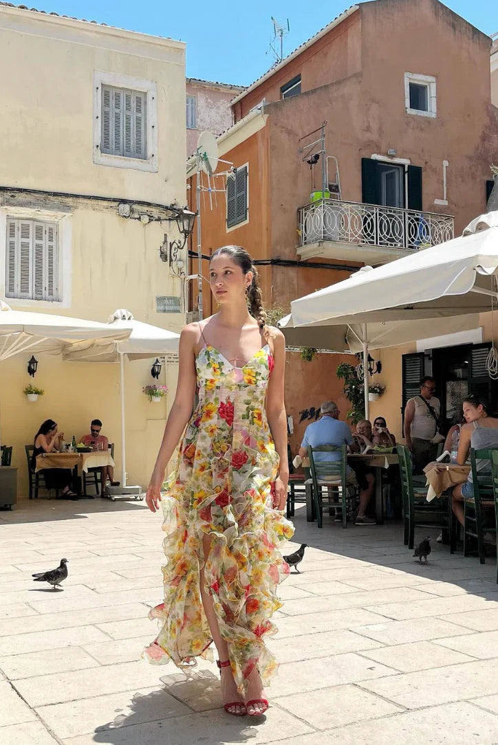 Pink | Summer Dress with Ruffles and Floral Print