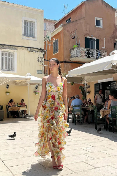 Pink | Summer Dress with Ruffles and Floral Print