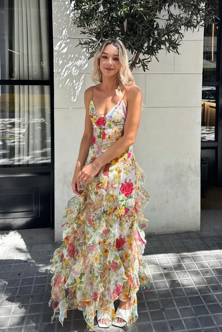 Pink | Summer Dress with Ruffles and Floral Print