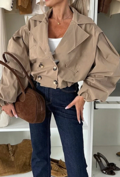 Fashion Button Lantern Sleeve Pocket Lapel Casual Jacket + Pants Set