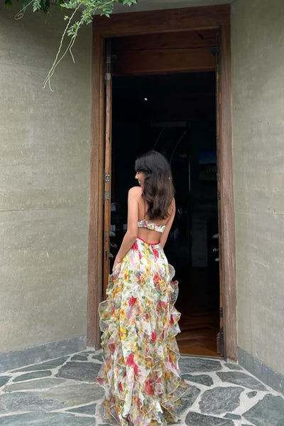 Pink | Summer Dress with Ruffles and Floral Print
