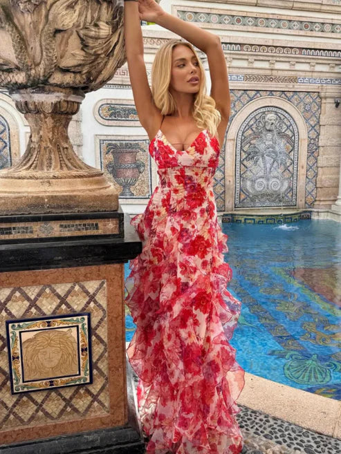 Pink | Summer Dress with Ruffles and Floral Print