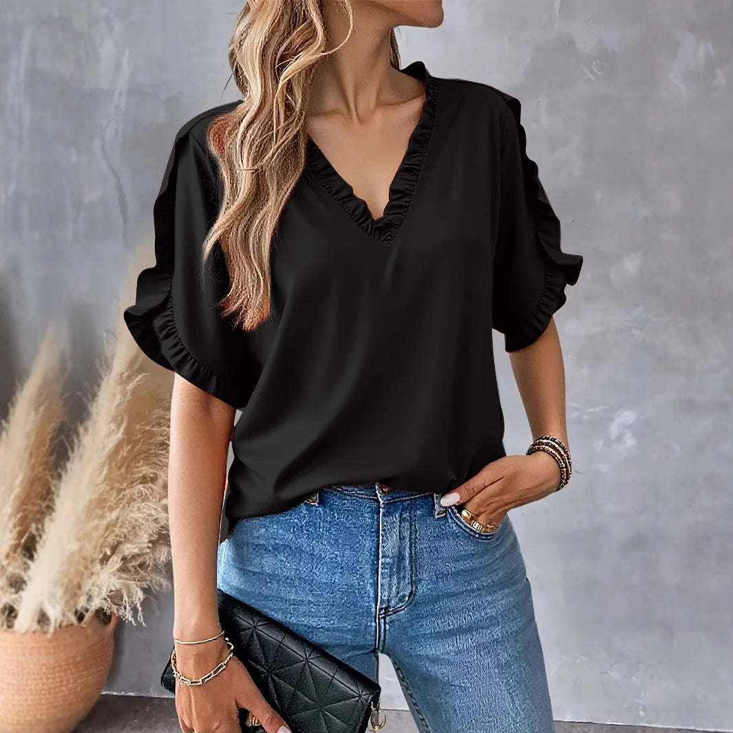 Viki – Ruffle Trim V-Neck Blouse