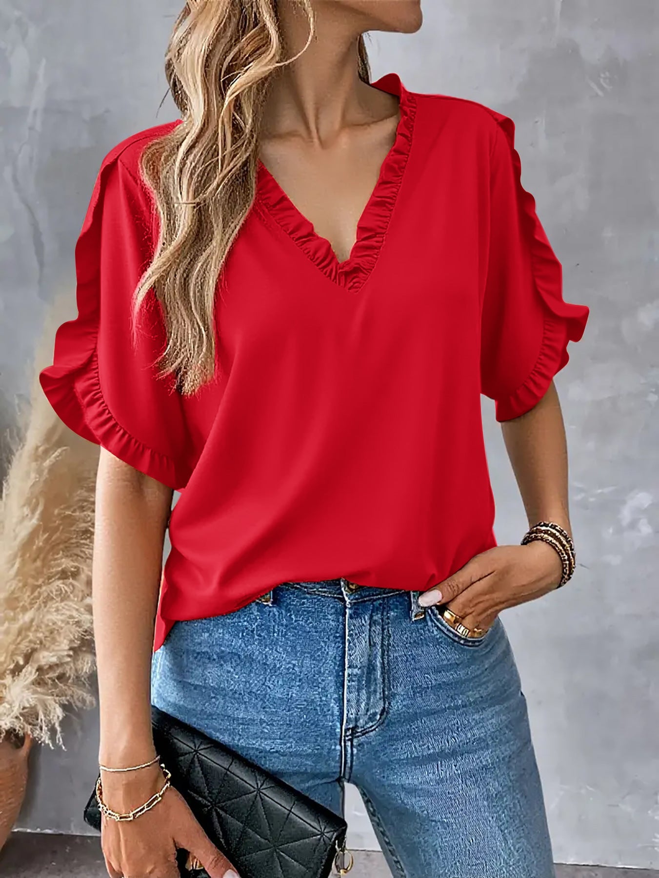 Viki – Ruffle Trim V-Neck Blouse