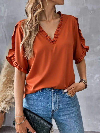 Viki – Ruffle Trim V-Neck Blouse