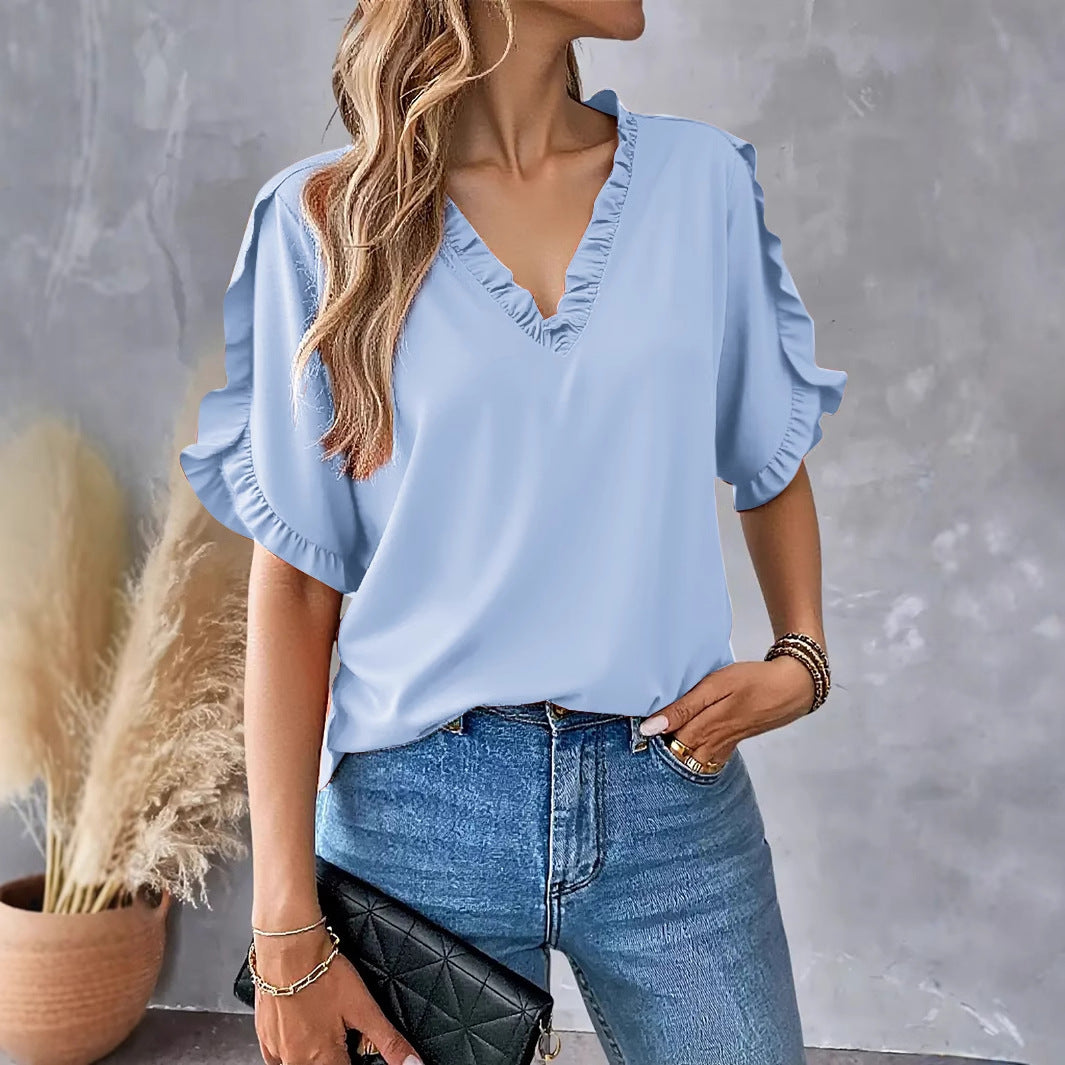 Viki – Ruffle Trim V-Neck Blouse