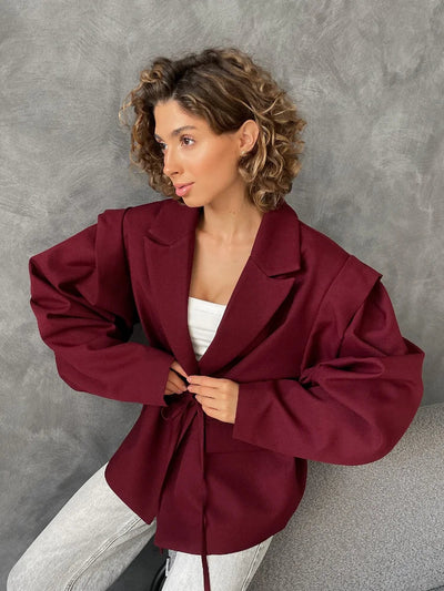 SOLID LACE UP LAPEL JACKET