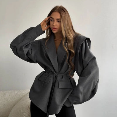 SOLID LACE UP LAPEL JACKET