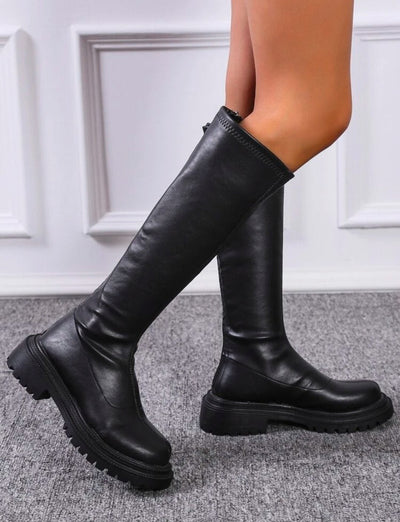 SABRINA BLACK KNEE HIGH CHUNKY SOLE BOOTS