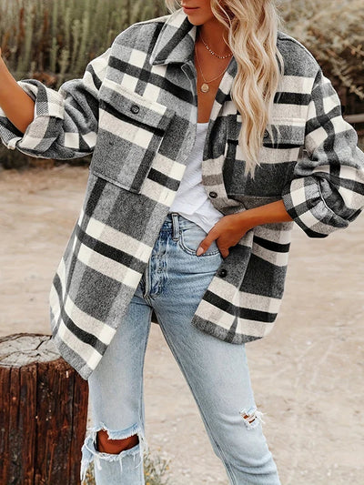 Brit & Boho™ | Vivian Loose and Thick Checked Wool Jacket