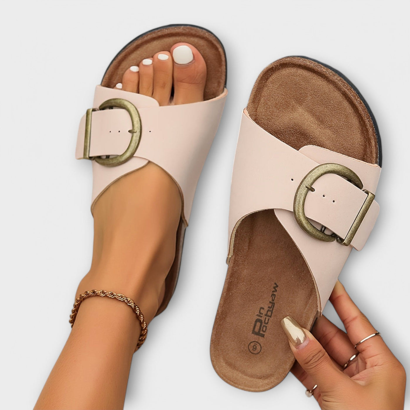 Viki - Women's cork mules with buckle strap design