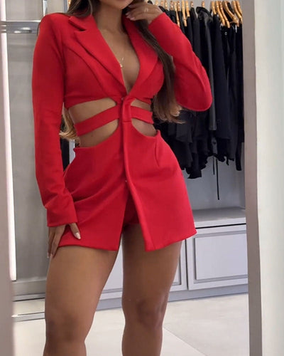 Casual Blazer Dress Two-Piece Sets With Hollow Waist