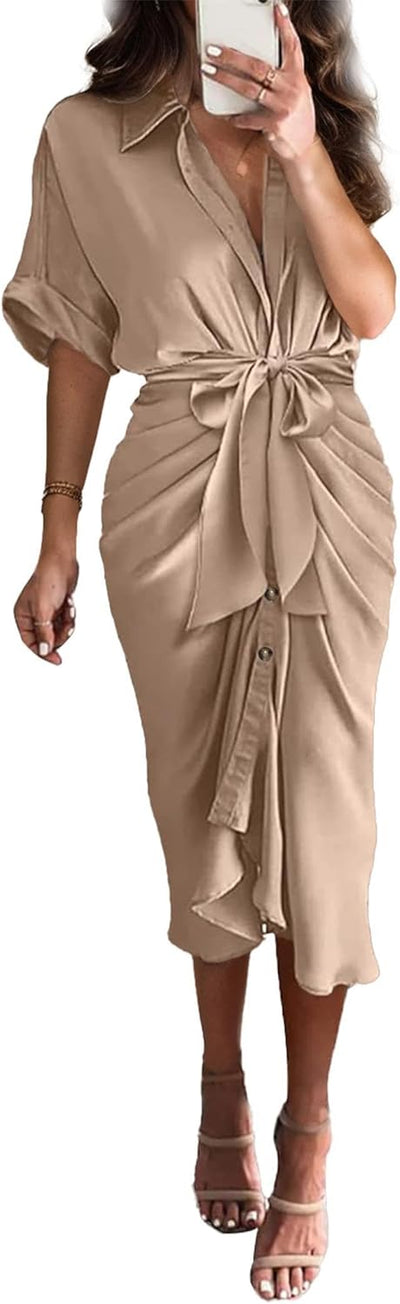 💖Women's Satin Button Down Dress