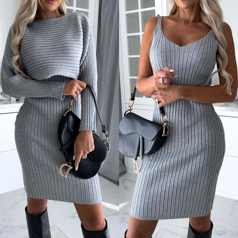 Women's 2-Piece Knitted Dress Set – Long Sleeve Top & Slim Skirt