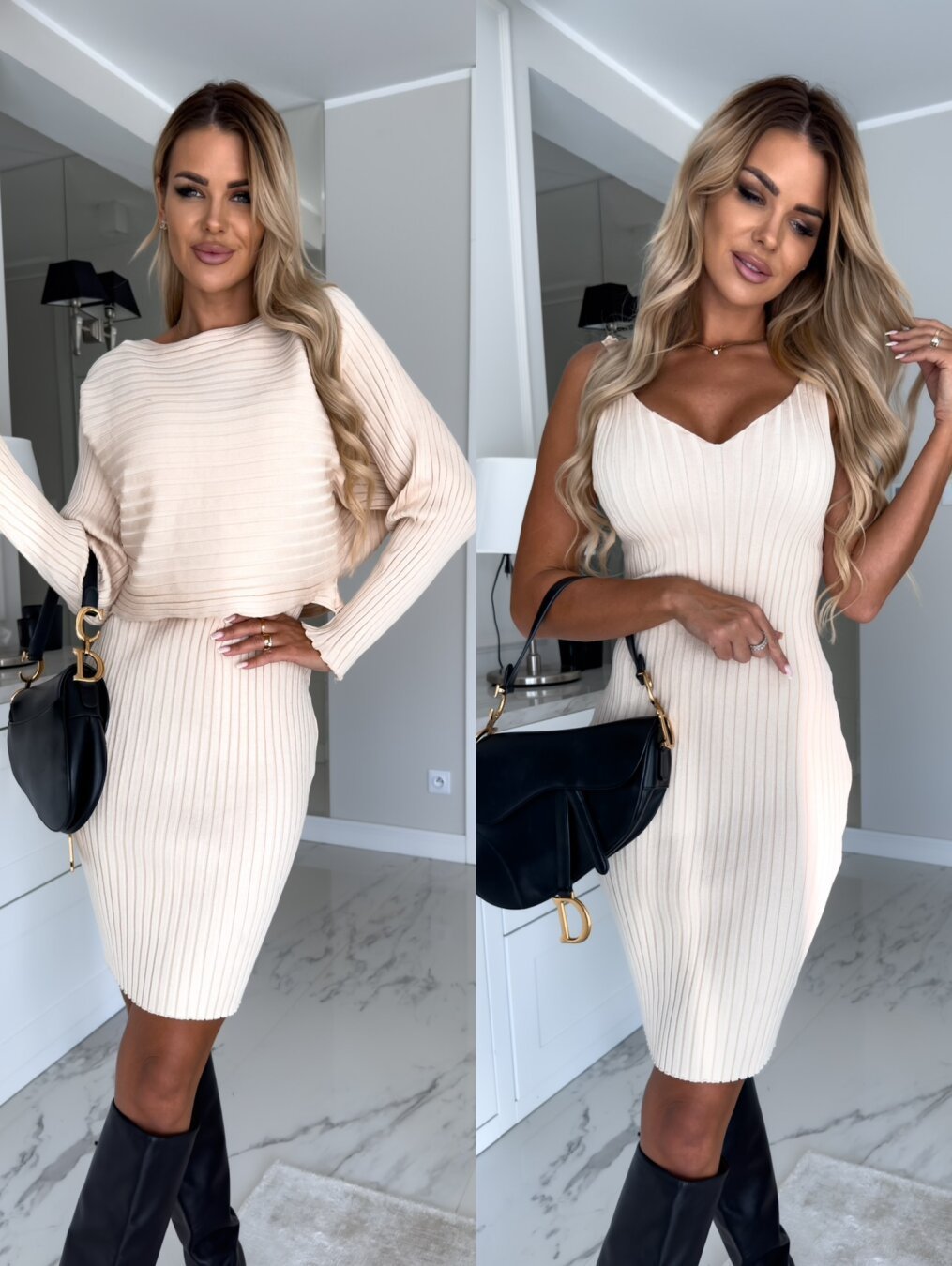 Women's 2-Piece Knitted Dress Set – Long Sleeve Top & Slim Skirt