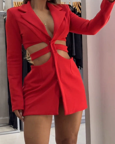 Casual Blazer Dress Two-Piece Sets With Hollow Waist
