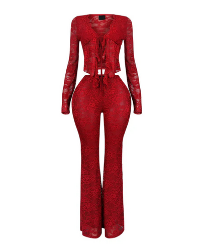 Long-Sleeved Lace Shirt Lace Pants Set