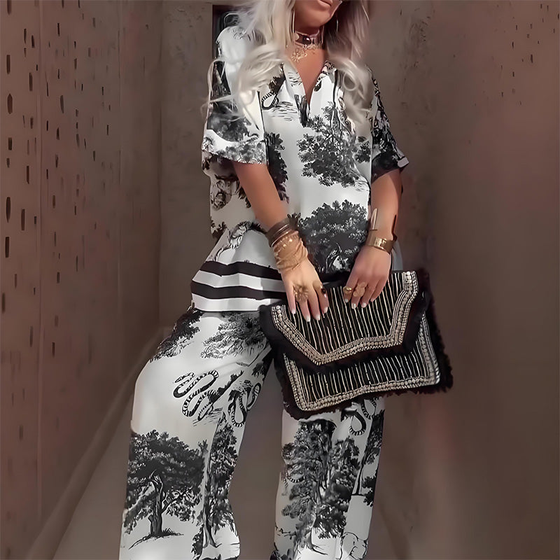 Printed V-Neck Top + Long Pants – Elegant and Lightweight Summer Style